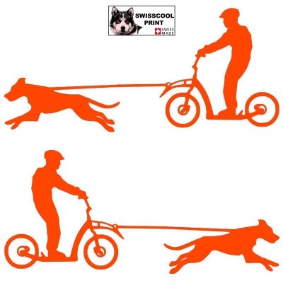 Homme pratiquant de la trottinette avec son chien - Autocollant CaniTrottinette - Stickers voiture - orange
