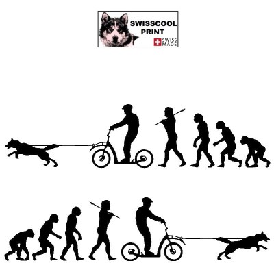 Evolution humaine avec en fin de chaîne un homme à trottinette tracté par son chien - Autocollant CaniTrottinette - noir