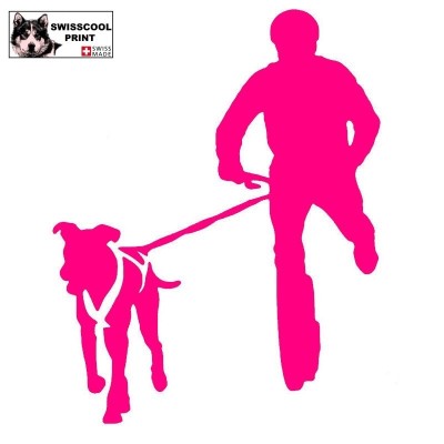 Homme pratiquant de la trottinette avec son chien - Vue de face - Autocollant CaniTrottinette - rose