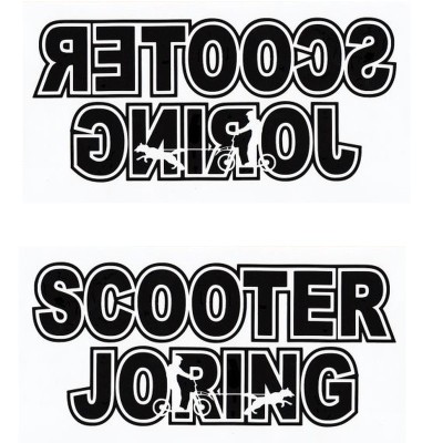 Autocollant lettrage SCOOTER JORING avec la silhouette d'une personne en trottinette avec son chien - CaniTrottinette - noir