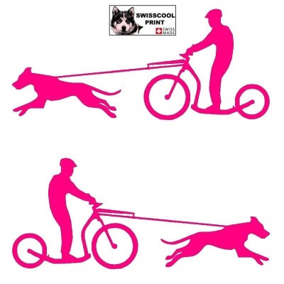 Homme pratiquant de la trottinette avec son chien (Dogscooter) - Autocollant CaniTrottinette - rose