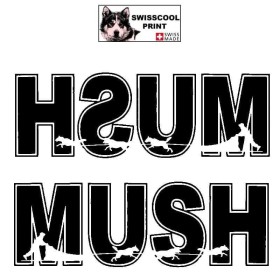 Autocollant lettrage MUSH avec attelage chiens de traineau - Stickers voiture - chiens de sport - noir
