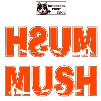 Autocollant lettrage MUSH avec attelage chiens de traineau - Stickers voiture - chiens de sport - orange