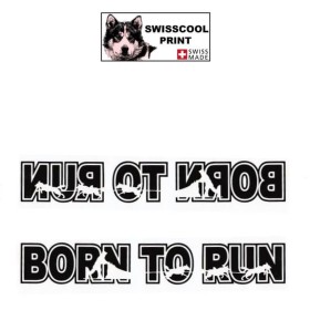 Autocollant lettrage BORN TO RUN avec Attelage chiens de traineau - Stickers voiture - chiens de sport - noir