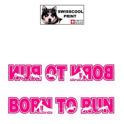 Autocollant lettrage BORN TO RUN avec Attelage chiens de traineau - Stickers voiture - chiens de sport - rose