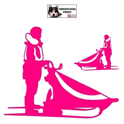 Autocollant Mushing - musher avec son traineau - Stickers voiture - chiens de sport - rose