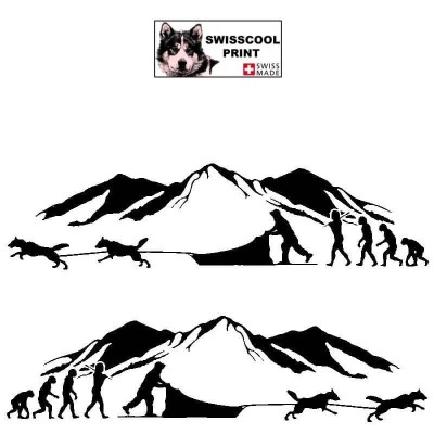 Autocollant Mushing avec attelage chien de traineau - Evolution humaine - paysage montagne- Stickers voiture - noir