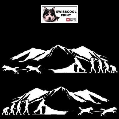 Autocollant Mushing avec attelage chien de traineau - Evolution humaine - paysage montagne- Stickers voiture - blanc