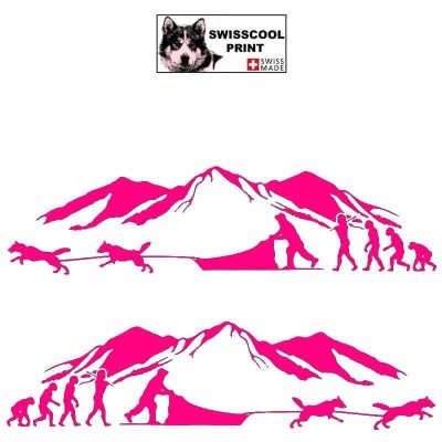 Autocollant Mushing avec attelage chien de traineau - Evolution humaine - paysage montagne- Stickers voiture - rose