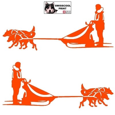 Autocollant Mushing - musher avec son traineau et son attelage de deux chiens - Stickers voiture - orange
