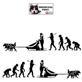 Autocollant Mushing avec attelage chien de traineau - Evolution humaine - Stickers voiture - noir