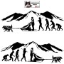 Autocollant Evolution humaine avec en fin de chaîne un homme et son attelage de chien de traîneau et paysage montagne - noir
