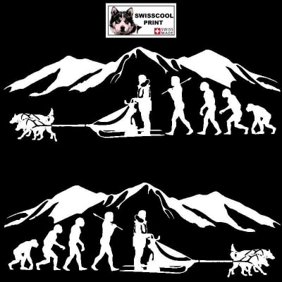 Autocollant Evolution humaine avec en fin de chaîne un homme et son attelage de chien de traîneau et paysage montagne - blanc