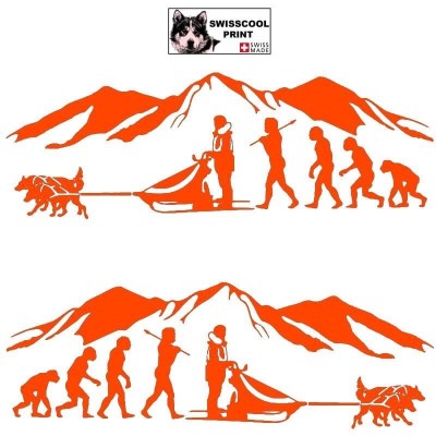 Autocollant Evolution humaine avec en fin de chaîne un homme et son attelage de chien de traîneau et paysage montagne - orange