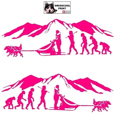 Autocollant Evolution humaine avec en fin de chaîne un homme et son attelage de chien de traîneau et paysage montagne - rose