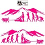 Autocollant Evolution humaine avec en fin de chaîne un homme et son attelage de chien de traîneau et paysage montagne - rose