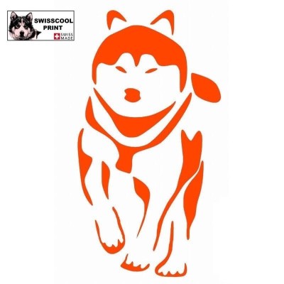 Autocollant chien husky en mouvement - Vue de face - Stickers voiture - chiens de sport et de traineau - orange