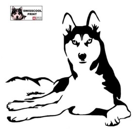 Autocollant chien husky couché - Vue de face - Stickers voiture - chiens de sport et de traineau - noir