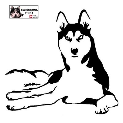 Autocollant chien husky couché - Vue de face - Stickers voiture - chiens de sport et de traineau - noir