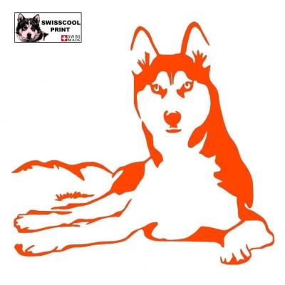 Autocollant chien husky couché - Vue de face - Stickers voiture - chiens de sport et de traineau - orange
