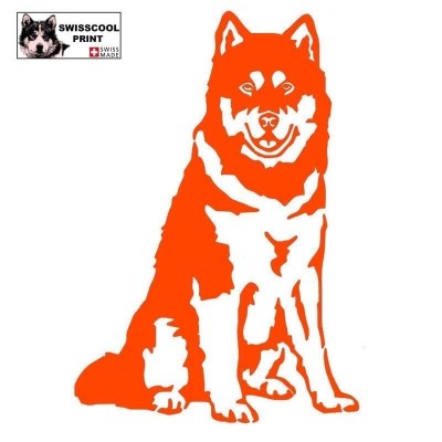 Autocollant chien malamute debout - Vue de face - Stickers voiture - chiens de sport et de traineau - orange
