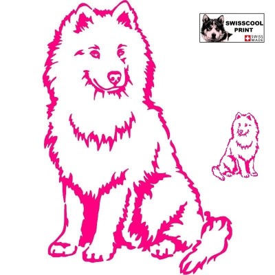 Autocollant chien samoyède debout - Vue de face - Stickers voiture - chiens de sport et de traineau - rose