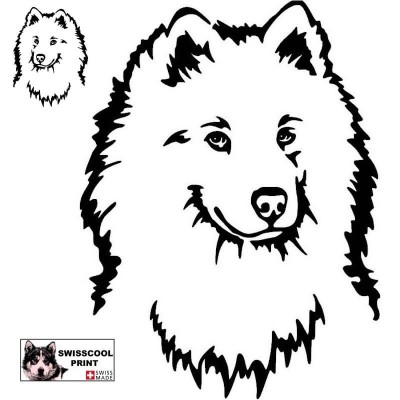 Autocollant illustrant une tête de samoyède - Vue de face - Stickers voiture - chiens de sport et de traineau - noir