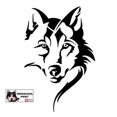 Autocollant illustrant une tête de Loup - Vue de face - Loup Tribal - Stickers voiture - noir