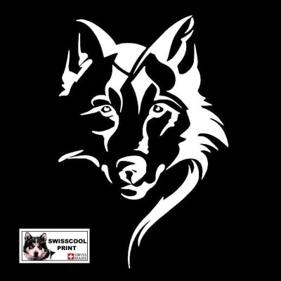 Autocollant illustrant une tête de Loup - Vue de face - Loup Tribal - Stickers voiture - blanc