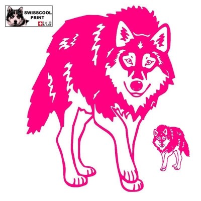 Autocollant illustrant un Loup qui avance vers nous tel un Loup Prédateur - Vue de face - Stickers voiture - rose