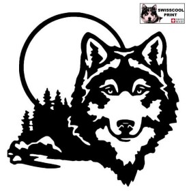 Autocollant illustrant une tête de Loup avec un clair de lune en arrière plan - Vue de face - Loup Spirituel - noir