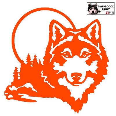 Autocollant Loup avec lune - Stickers mural et voiture - Animal Sauvage - orange