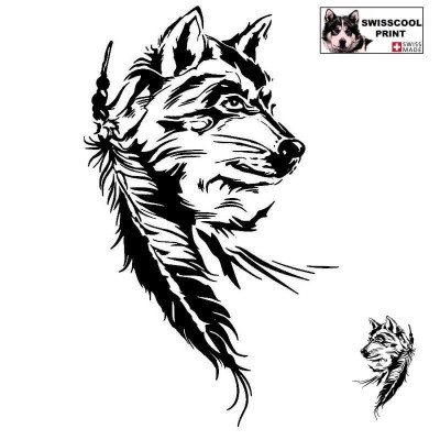Autocollant illustrant une tête de Loup avec une Plume - Vue de profil - Style Tribal - noir