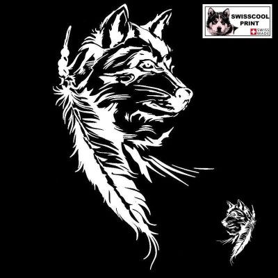 Autocollant illustrant une tête de Loup avec une Plume - Vue de profil - Style Tribal - blanc
