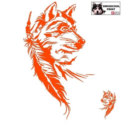 Autocollant illustrant une tête de Loup avec une Plume - Vue de profil - Style Tribal - orange