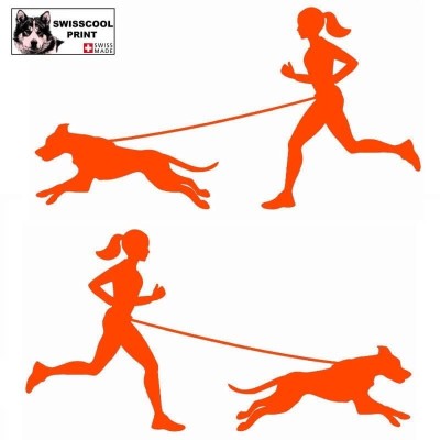 Femme pratiquant du canicross avec son chien - Autocollant Canicross - Stickers voiture - orange