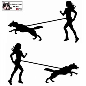 Femme pratiquant du canicross avec son chien nordique - husky - Autocollant Canicross - Stickers voiture - noir
