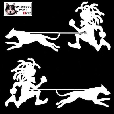 Homme pratiquant du canicross avec son chien - Rasta - Autocollant Canicross - Stickers voiture - blanc