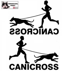 Homme pratiquant du canicross avec son chien sur le texte CANICROSS - Autocollant Canicross - noir