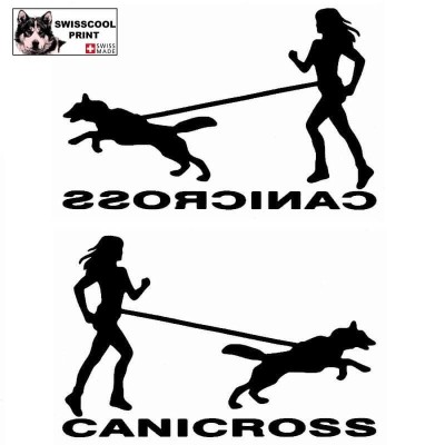 Femme pratiquant du canicross avec son chien husky sur le texte CANICROSS - Autocollant Canicross - noir