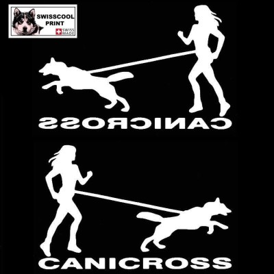 Femme pratiquant du canicross avec son chien husky sur le texte CANICROSS - Autocollant Canicross - blanc