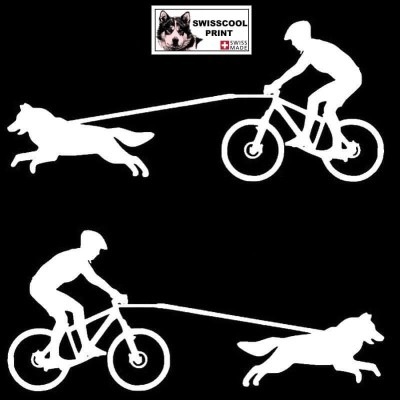 Homme pratiquant du vélo tout terrain (VTT) avec son chien - Autocollant CaniVTT - Stickers voiture - blanc