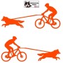 Homme pratiquant du vélo tout terrain (VTT) avec son chien - Autocollant CaniVTT - Stickers voiture - orange