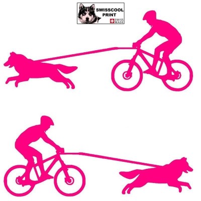Homme pratiquant du vélo tout terrain (VTT) avec son chien - Autocollant CaniVTT - Stickers voiture - rose