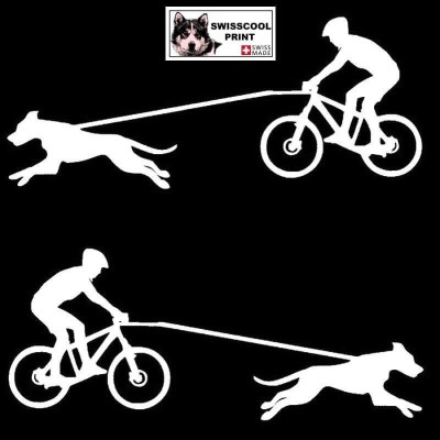 Homme pratiquant du vélo tout terrain (VTT) avec son chien - Autocollant CaniVTT - Stickers voiture - blanc