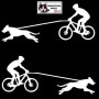 Homme pratiquant du vélo tout terrain (VTT) avec son chien - Autocollant CaniVTT - Stickers voiture - blanc