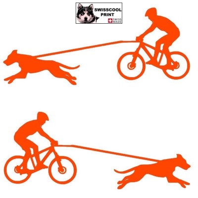Homme pratiquant du vélo tout terrain (VTT) avec son chien - Autocollant CaniVTT - Stickers voiture - orange