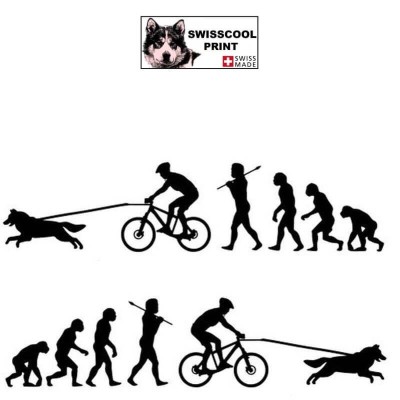 Evolution humaine avec en fin de chaîne un homme à vélo (VTT) tracté par son chien - Autocollant CaniVTT - noir