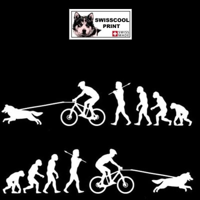 Evolution humaine avec en fin de chaîne un homme à vélo (VTT) tracté par son chien - Autocollant CaniVTT - blanc