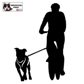 Homme pratiquant du canivtt (vélo tout terrain) avec son chien - Vue de face - Autocollant CaniVTT - noir